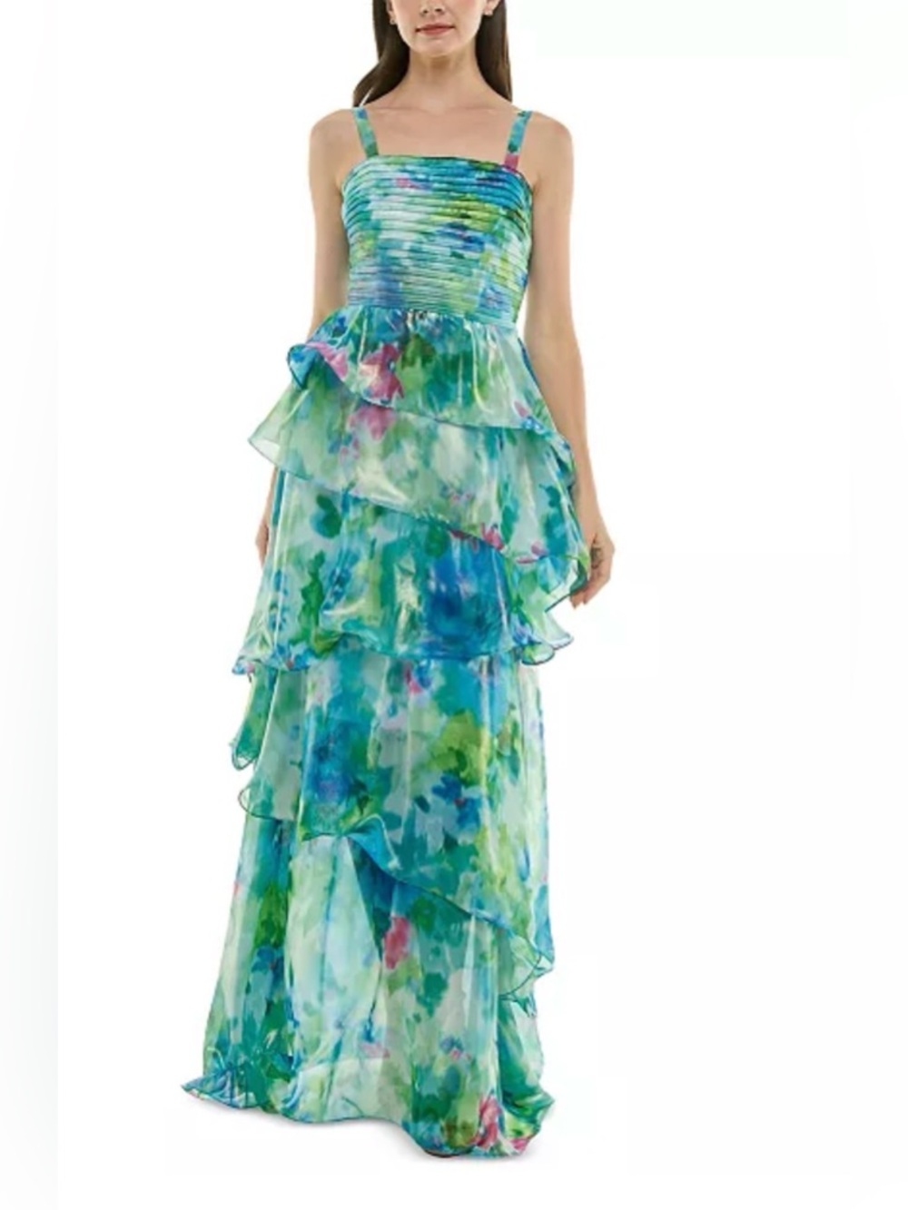 Tiered Floral Chiffon Maxi Dress in Blue-Green
